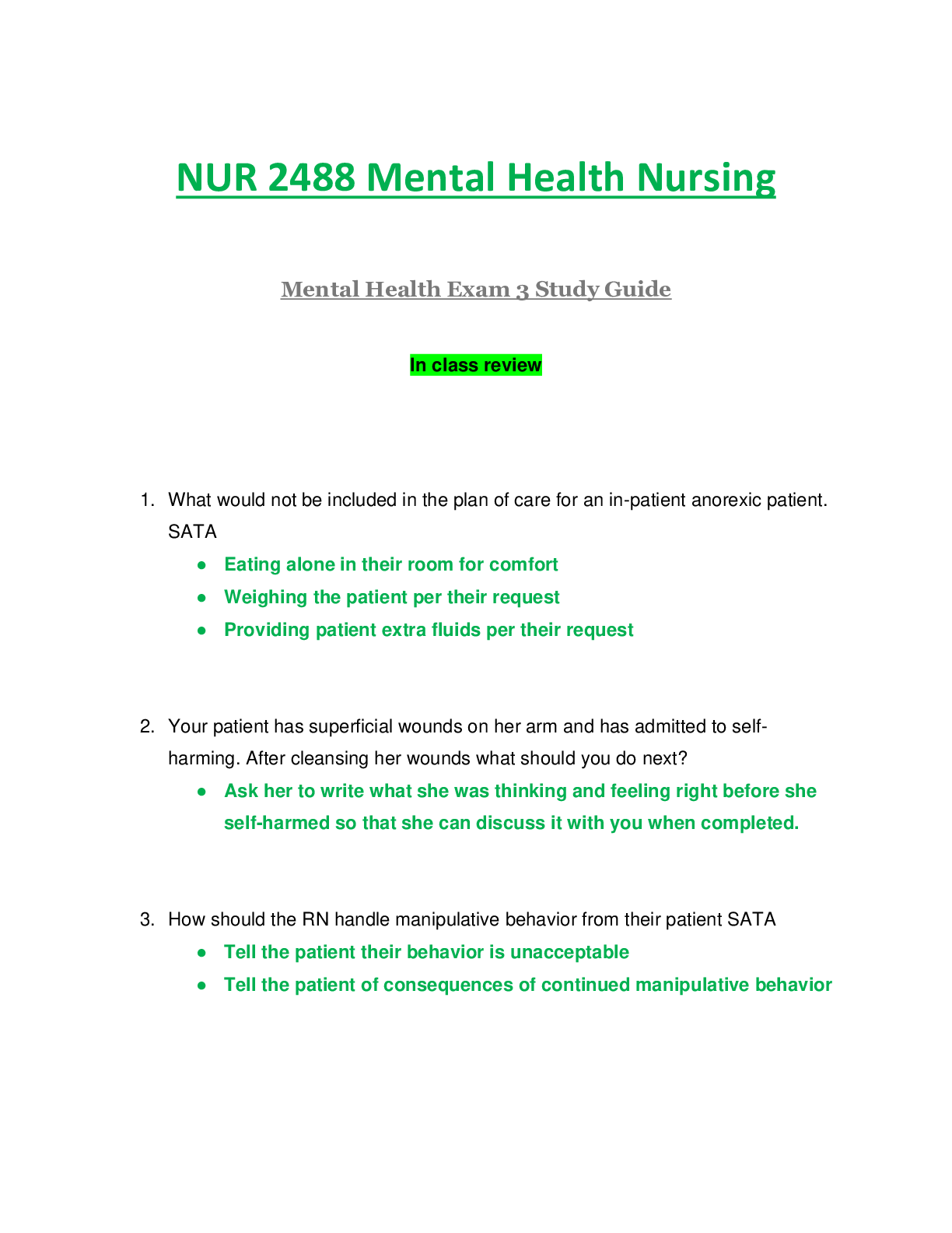 Preview of NUR2488 / NUR 2488: Mental Health Nursing Exam 3 Study Guide (Latest Update) Rasmussen